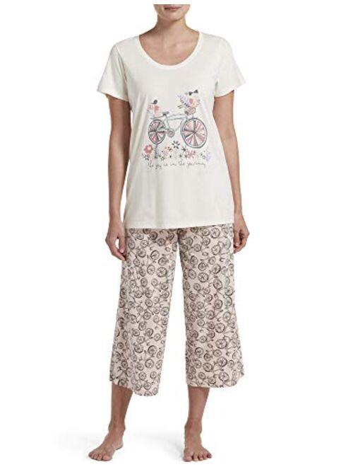 HUE Women's Printed Knit Short Sleeve Tee and Capri 2 Piece Pajama Set