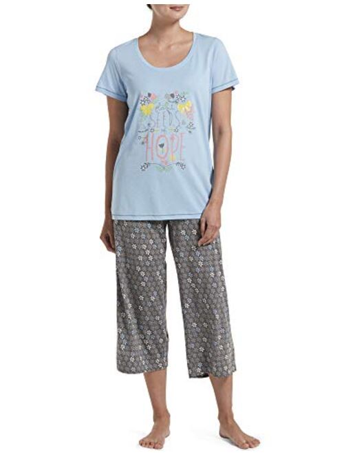 HUE Women's Printed Knit Short Sleeve Tee and Capri 2 Piece Pajama Set