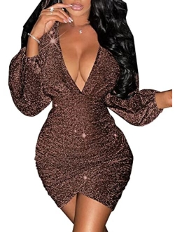 BestGirl Women's Sexy Dress Deep V Neck Long Sleeve Embellished Ruched Sparkly Bodycon Club Mini Dresses