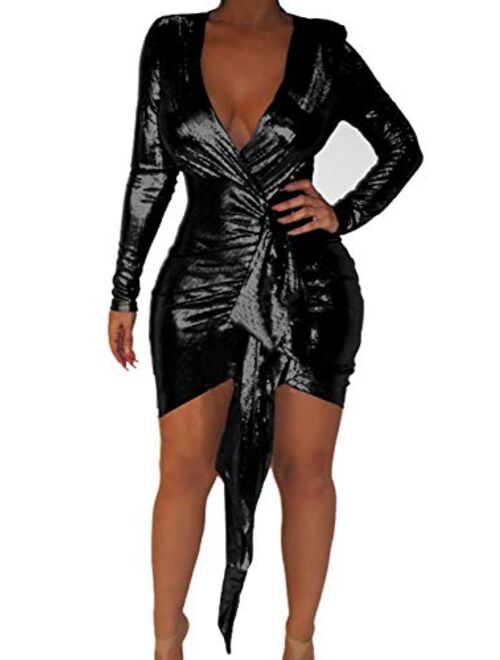 BestGirl Women's Sexy Dress Deep V Neck Long Sleeve Embellished Ruched Sparkly Bodycon Club Mini Dresses