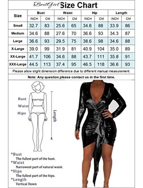 BestGirl Women's Sexy Dress Deep V Neck Long Sleeve Embellished Ruched Sparkly Bodycon Club Mini Dresses