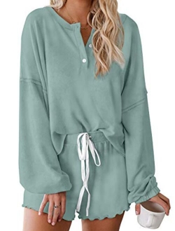 Women's Tie-Dye Pajama-Sets Long-Sleeve Tee Tops and Ruffle Short PJ Set Loungewear Nightwear Sleepwear