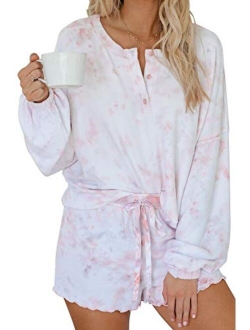 Women's Tie-Dye Pajama-Sets Long-Sleeve Tee Tops and Ruffle Short PJ Set Loungewear Nightwear Sleepwear