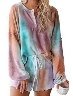 Women's Tie-Dye Pajama-Sets Long-Sleeve Tee Tops and Ruffle Short PJ Set Loungewear Nightwear Sleepwear