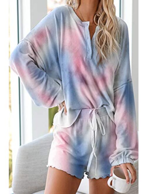 Women's Tie-Dye Pajama-Sets Long-Sleeve Tee Tops and Ruffle Short PJ Set Loungewear Nightwear Sleepwear