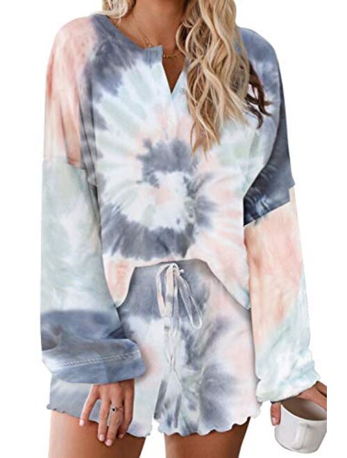 Women's Tie-Dye Pajama-Sets Long-Sleeve Tee Tops and Ruffle Short PJ Set Loungewear Nightwear Sleepwear