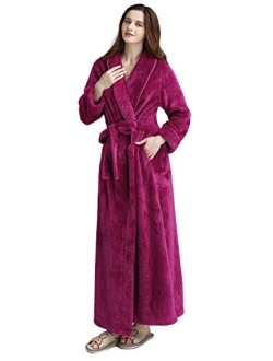 Womens Robe Long Fleece Bathrobe Warm Waist Belt Super Soft Spa Plush Full Length Bath robe with Shawl Collar