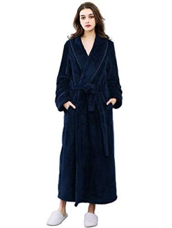 Womens Robe Long Fleece Bathrobe Warm Waist Belt Super Soft Spa Plush Full Length Bath robe with Shawl Collar