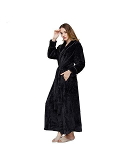 Womens Robe Long Fleece Bathrobe Warm Waist Belt Super Soft Spa Plush Full Length Bath robe with Shawl Collar