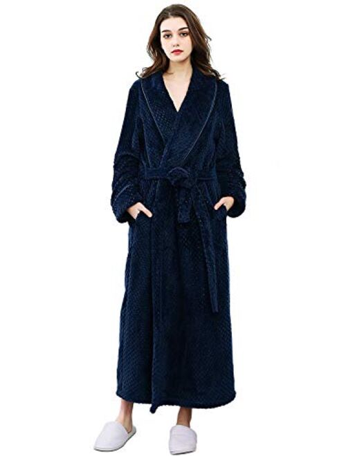 Womens Robe Long Fleece Bathrobe Warm Waist Belt Super Soft Spa Plush Full Length Bath robe with Shawl Collar