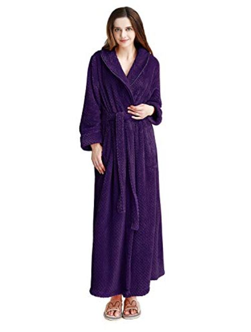 Womens Robe Long Fleece Bathrobe Warm Waist Belt Super Soft Spa Plush Full Length Bath robe with Shawl Collar