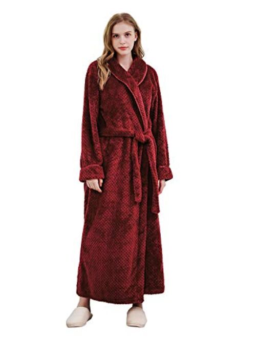 Womens Robe Long Fleece Bathrobe Warm Waist Belt Super Soft Spa Plush Full Length Bath robe with Shawl Collar