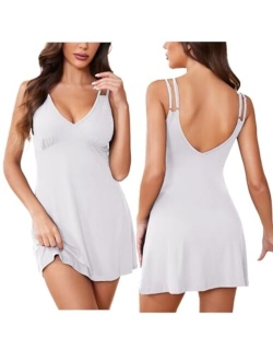 Women's Sling Printing Sleepwear Chemises V-Neck Full Slip Babydoll Nightgown S-XXL