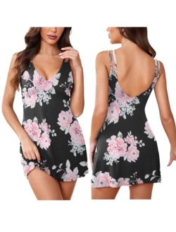 Women's Sling Printing Sleepwear Chemises V-Neck Full Slip Babydoll Nightgown S-XXL