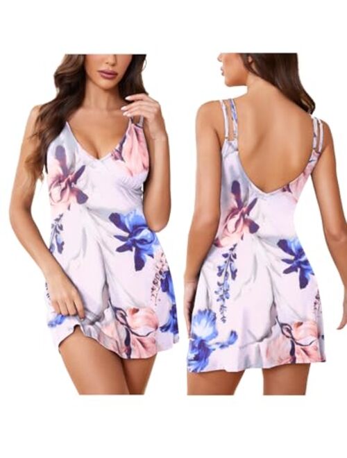 Ekouaer Women's Sling Printing Sleepwear Chemises V-Neck Full Slip Babydoll Nightgown S-XXL