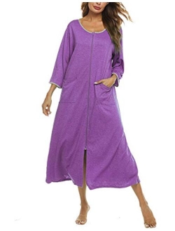 Bloggerlove Zipper Front Robes Women House Coat Half Sleeve Loungewear Long Nightgown with Pockets S-XXL