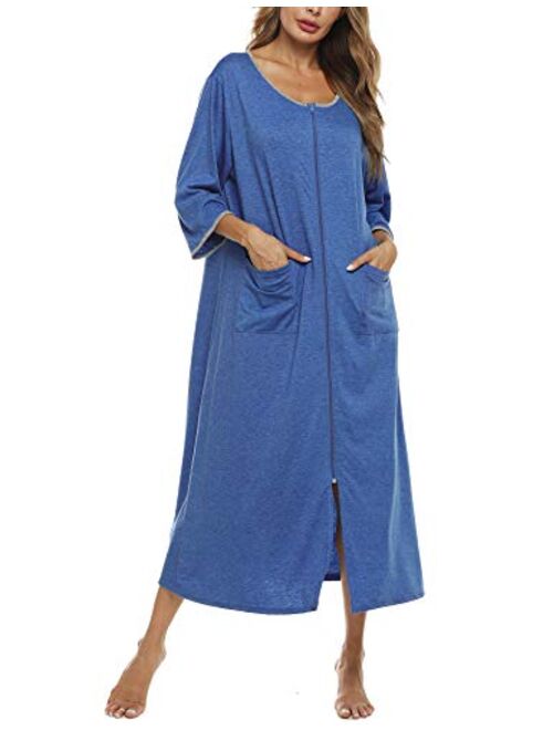 Bloggerlove Zipper Front Robes Women House Coat Half Sleeve Loungewear Long Nightgown with Pockets S-XXL