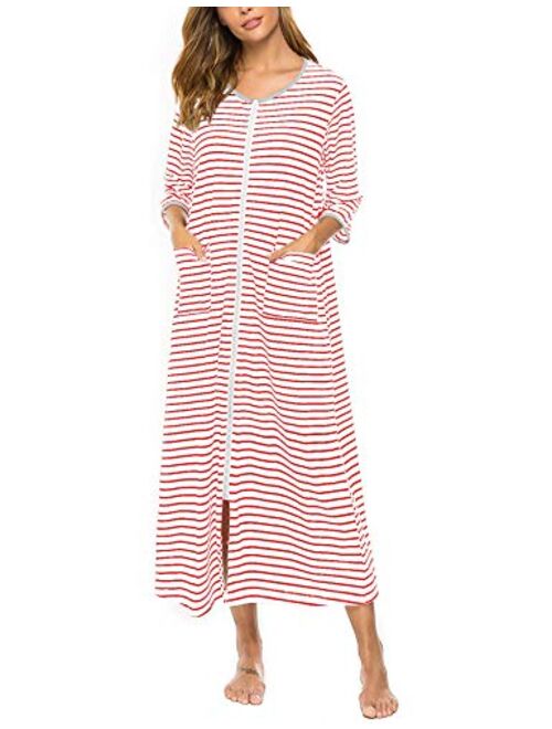 Bloggerlove Zipper Front Robes Women House Coat Half Sleeve Loungewear Long Nightgown with Pockets S-XXL