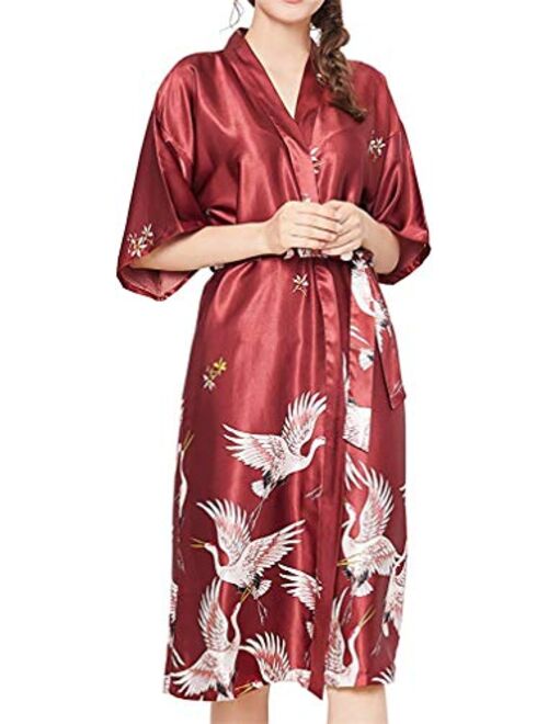 FLYCHEN Women's Satin Kimono Robe Sleepwear for Ladies Plus Size