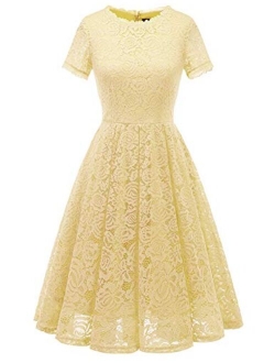 DRESSTELLS Women's Bridesmaid Elegant Tea Dress Floral Lace Cocktail Formal Swing Dress