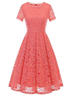 DRESSTELLS Women's Bridesmaid Elegant Tea Dress Floral Lace Cocktail Formal Swing Dress