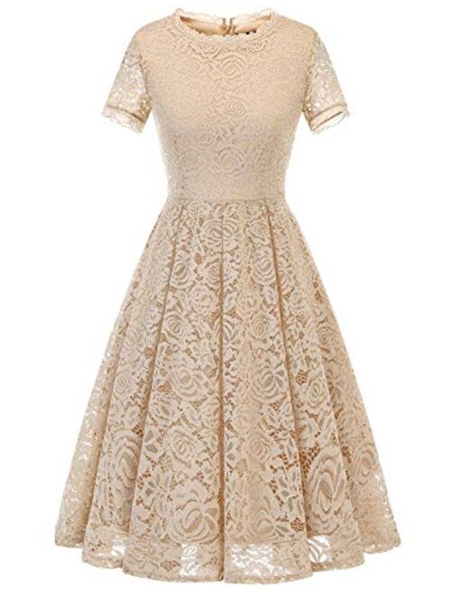 DRESSTELLS Women's Bridesmaid Elegant Tea Dress Floral Lace Cocktail Formal Swing Dress