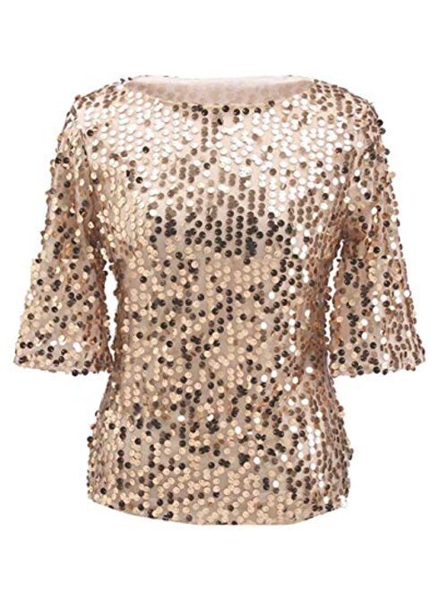 YOLI Women's Sequin Glitter Sparkle Party Top Blouse Shirt Plus Size with Sleeve