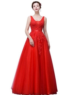 Babyonline Women's Double V-Neck Tulle Appliques Long Evening Embellished Cocktail Gowns