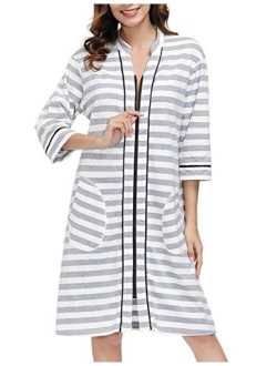 Zexxxy Women Cotton Bathrobe Sleepwear Half Sleeve Zipper Pajama S-2XL