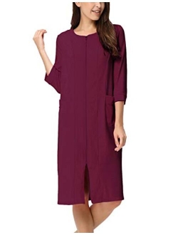 Zexxxy Women Cotton Bathrobe Sleepwear Half Sleeve Zipper Pajama S-2XL