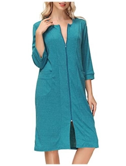 Zexxxy Women Cotton Bathrobe Sleepwear Half Sleeve Zipper Pajama S-2XL