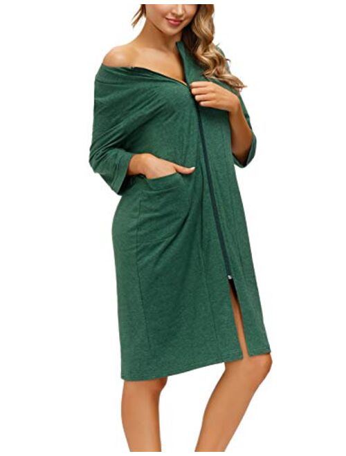 Zexxxy Women Cotton Bathrobe Sleepwear Half Sleeve Zipper Pajama S-2XL