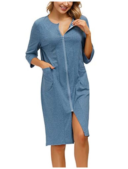 Zexxxy Women Cotton Bathrobe Sleepwear Half Sleeve Zipper Pajama S-2XL