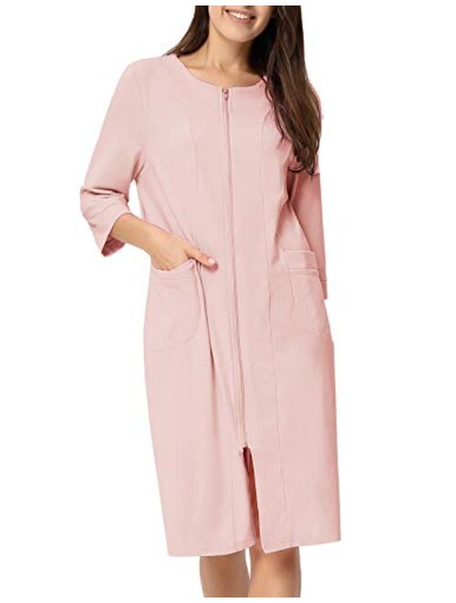 Zexxxy Women Cotton Bathrobe Sleepwear Half Sleeve Zipper Pajama S-2XL