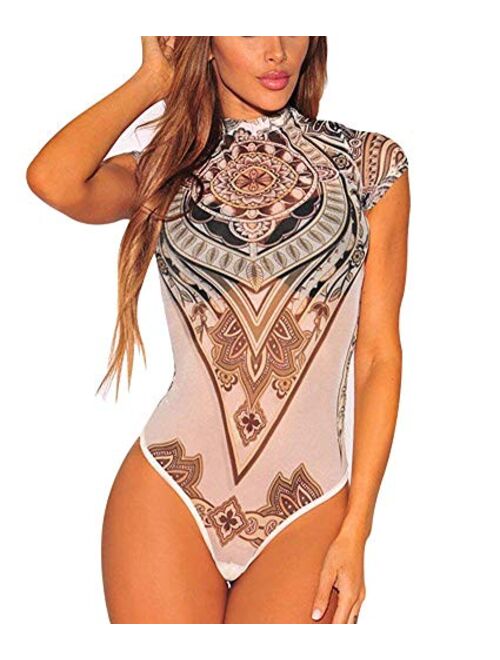 FOCUSNORM NORAME Women's Boho Floral Romper Custom High Collar Leotard Stretch Jumpsuit Bodysuit