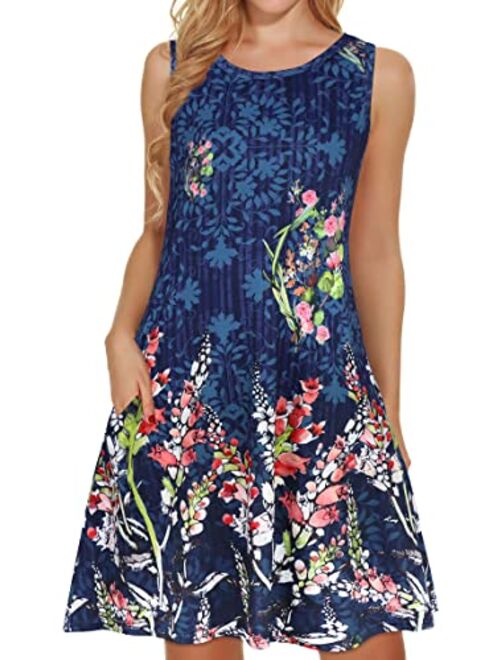 elescat Summer Dresses for Women Beach Floral Tshirt Sundress Sleeveless Pockets Casual Loose Tank Dress