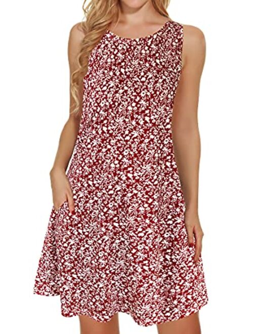 elescat Summer Dresses for Women Beach Floral Tshirt Sundress Sleeveless Pockets Casual Loose Tank Dress