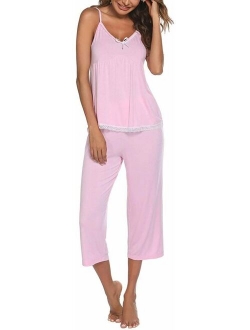 Womens Pajamas Set V-Neck Cami Top and Capris Pants Sleepwear Pjs Set S-XXL