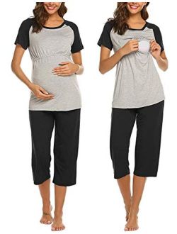 Double Layers Labor/Delivery/Nursing Maternity Pajamas Capri Set for Hospital Home, Baseball Shirt,Adjustable Size