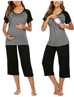 Double Layers Labor/Delivery/Nursing Maternity Pajamas Capri Set for Hospital Home, Baseball Shirt,Adjustable Size