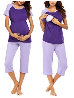 Double Layers Labor/Delivery/Nursing Maternity Pajamas Capri Set for Hospital Home, Baseball Shirt,Adjustable Size