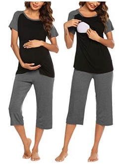 Double Layers Labor/Delivery/Nursing Maternity Pajamas Capri Set for Hospital Home, Baseball Shirt,Adjustable Size