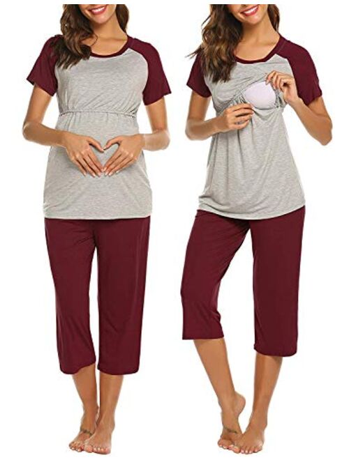 Ekouaer Double Layers Labor/Delivery/Nursing Maternity Pajamas Capri Set for Hospital Home, Baseball Shirt,Adjustable Size