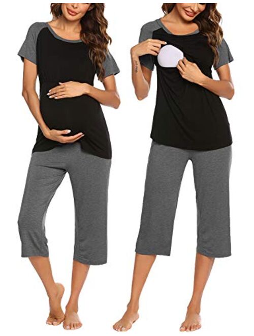 Ekouaer Double Layers Labor/Delivery/Nursing Maternity Pajamas Capri Set for Hospital Home, Baseball Shirt,Adjustable Size