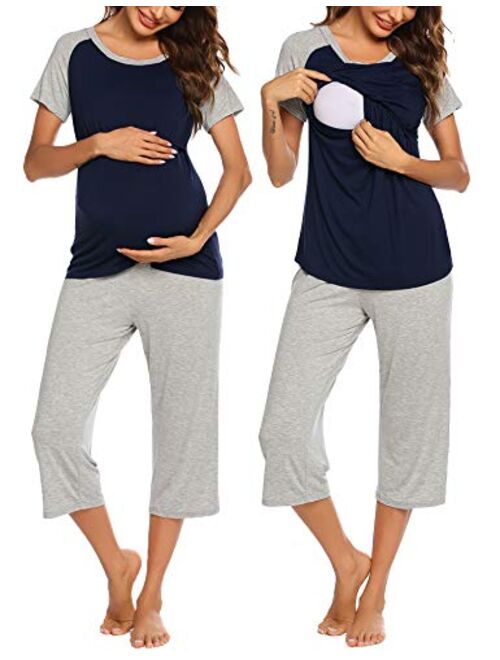 Ekouaer Double Layers Labor/Delivery/Nursing Maternity Pajamas Capri Set for Hospital Home, Baseball Shirt,Adjustable Size