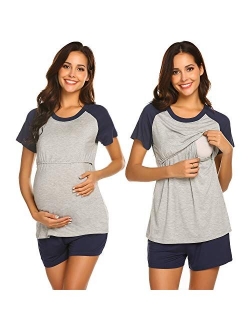 Womens Maternity Nursing Pajamas for Hospital Short Raglan Sleeve Baseball Pregnancy Breastfeeding Sleepwear Set