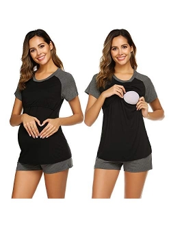 Womens Maternity Nursing Pajamas for Hospital Short Raglan Sleeve Baseball Pregnancy Breastfeeding Sleepwear Set