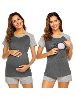 Womens Maternity Nursing Pajamas for Hospital Short Raglan Sleeve Baseball Pregnancy Breastfeeding Sleepwear Set