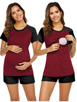 Womens Maternity Nursing Pajamas for Hospital Short Raglan Sleeve Baseball Pregnancy Breastfeeding Sleepwear Set