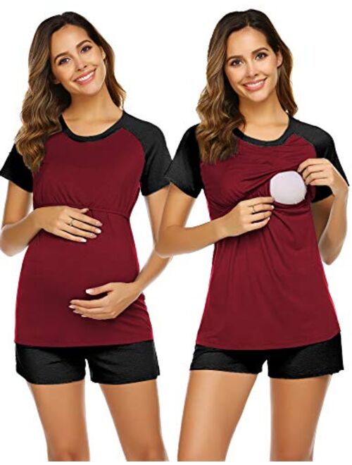 Ekouaer Womens Maternity Nursing Pajamas for Hospital Short Raglan Sleeve Baseball Pregnancy Breastfeeding Sleepwear Set